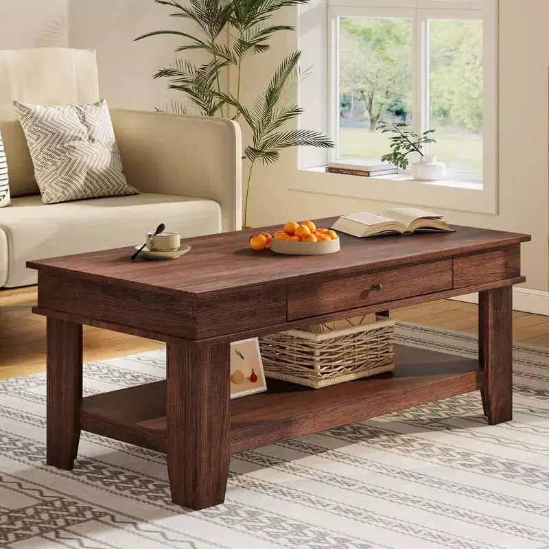 Rustic Style Coffee Table with Storage. Wood Rectangular Table for Living Room. Furniture for Home Office and Apartment