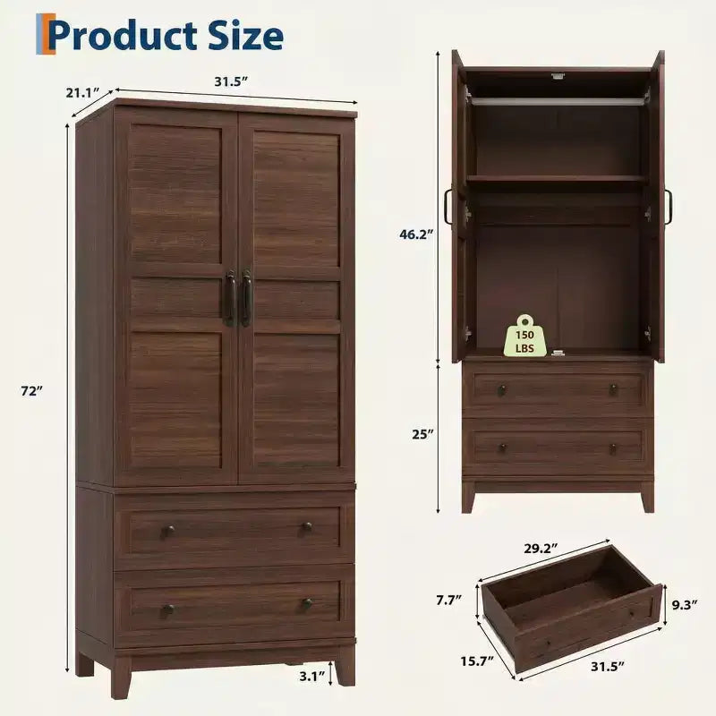72 Tall Wooden Armoire Wardrobe Closet with 2 Drawers, Heavy Duty Bedroom Clothing Storage Cabinet with Doors, Hanging Rod & Adjustable Shelf