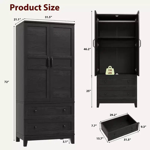 72 Tall Wooden Armoire Wardrobe Closet with 2 Drawers, Heavy Duty Bedroom Clothing Storage Cabinet with Doors, Hanging Rod & Adjustable Shelf