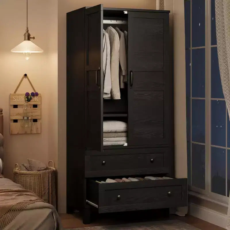 72 Tall Wooden Armoire Wardrobe Closet with 2 Drawers, Heavy Duty Bedroom Clothing Storage Cabinet with Doors, Hanging Rod & Adjustable Shelf