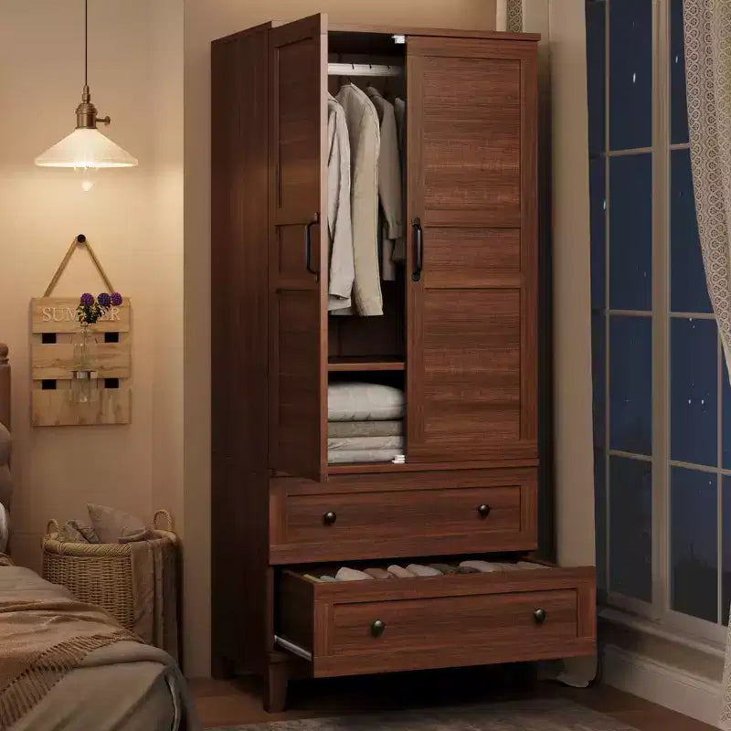 72 Tall Wooden Armoire Wardrobe Closet with 2 Drawers, Heavy Duty Bedroom Clothing Storage Cabinet with Doors, Hanging Rod & Adjustable Shelf
