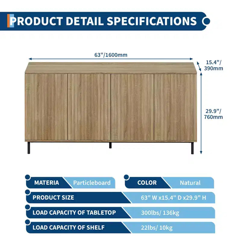63 Modern Farmhouse Sideboard Cabinet, Modern Accent Storage Cabinet, 4 Fluted Doors & Metal Legs, for Kitchen, Dining Room, Living Room