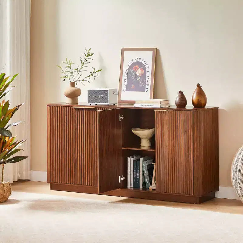 63 Vertical Stripe Buffet Cabinet Sideboard with Storage, Curved Wave Design, Multi-Functional TV Stand for Living Room, Bedroom, Walnut