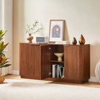 Buffet / Enfilade à rayures verticales 63 po avec rangement, design ondulé, meuble TV multifonctionnel pour salon, chambre, noyer