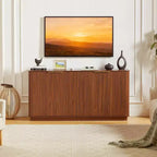 Buffet / Enfilade à rayures verticales 63 po avec rangement, design ondulé, meuble TV multifonctionnel pour salon, chambre, noyer