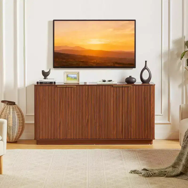 63 Vertical Stripe Buffet Cabinet Sideboard with Storage, Curved Wave Design, Multi-Functional TV Stand for Living Room, Bedroom, Walnut