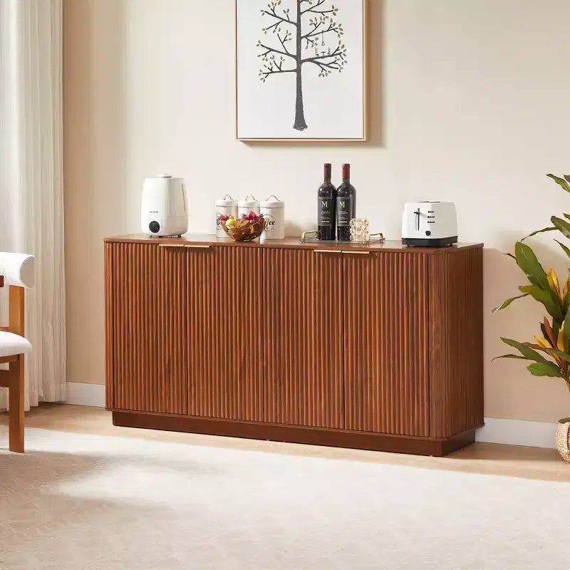 63 Vertical Stripe Buffet Cabinet Sideboard with Storage, Curved Wave Design, Multi-Functional TV Stand for Living Room, Bedroom, Walnut