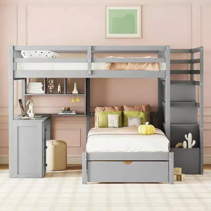 Luxystar Modern Full Over Twin Bunk Bed with Desk, 8 Drawers and Bookcases