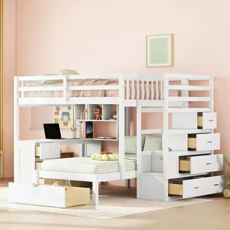 Luxystar Modern Full Over Twin Bunk Bed with Desk, 8 Drawers and Bookcases