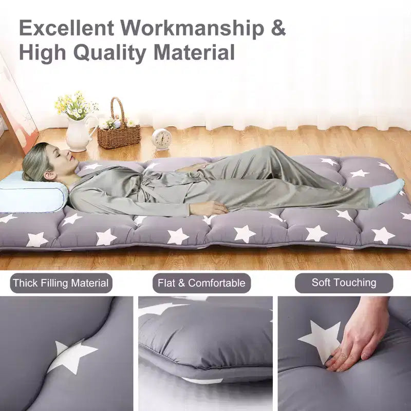 Roll-Up Japanese Futon Floor Mattress, Foldable Tatami Mat & Portable Floor Bed for Adults, Star Print