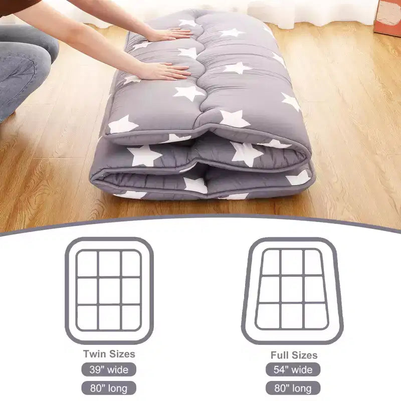 Roll-Up Japanese Futon Floor Mattress, Foldable Tatami Mat & Portable Floor Bed for Adults, Star Print