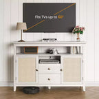 Farmhouse Rattan Storage Cabinet, Doors & Drawers, Adjustable Shelves, Off-White