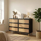Rattan Dresser with 6 Drawers, Tall Wooden Chest with Wide Top for Bedroom, Living Room, Hallway, Black