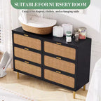 Commode en rotin avec 6 tiroirs, commode haute en bois avec plateau large pour chambre, salon, couloir, noir
