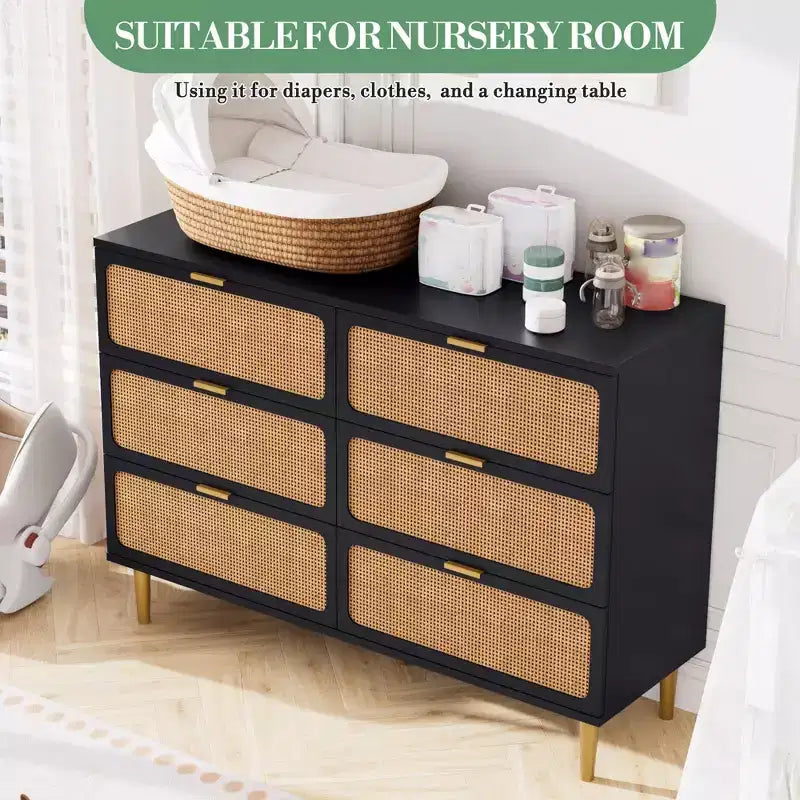 Rattan Dresser with 6 Drawers, Tall Wooden Chest with Wide Top for Bedroom, Living Room, Hallway, Black