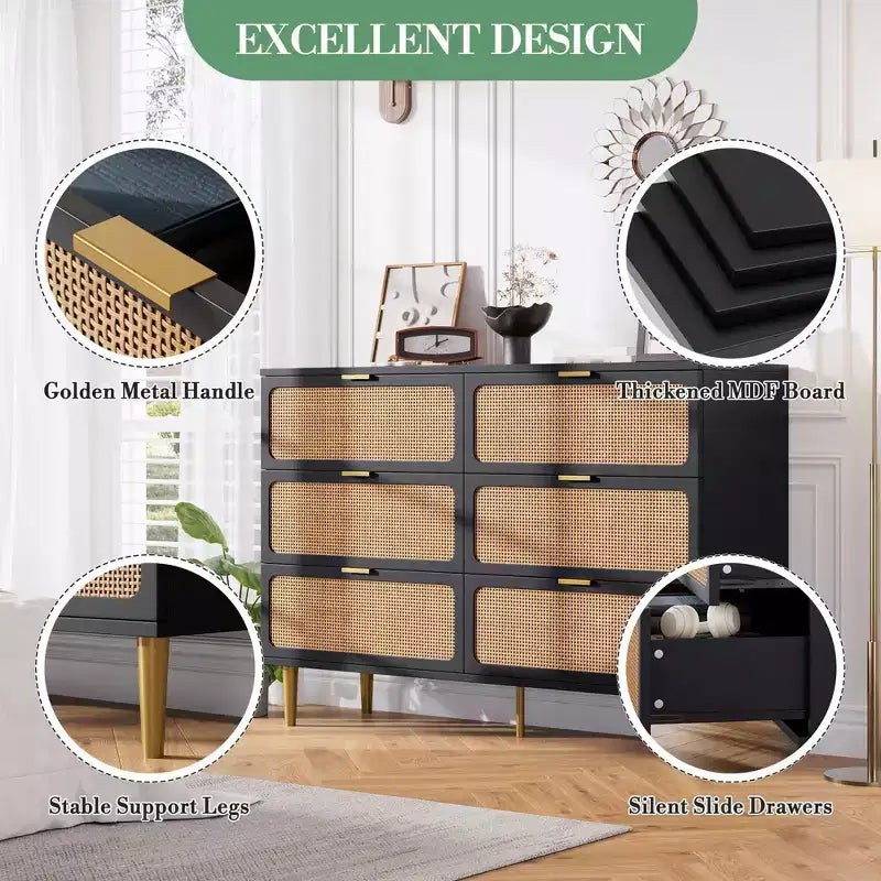 Rattan Dresser with 6 Drawers, Tall Wooden Chest with Wide Top for Bedroom, Living Room, Hallway, Black