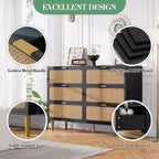Commode en rotin avec 6 tiroirs, commode haute en bois avec plateau large pour chambre, salon, couloir, noir