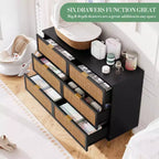 Commode en rotin avec 6 tiroirs, commode haute en bois avec plateau large pour chambre, salon, couloir, noir