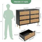 Commode en rotin avec 6 tiroirs, commode haute en bois avec plateau large pour chambre, salon, couloir, noir