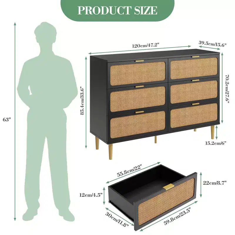 Rattan Dresser with 6 Drawers, Tall Wooden Chest with Wide Top for Bedroom, Living Room, Hallway, Black