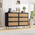 Commode en rotin avec 6 tiroirs, commode haute en bois avec plateau large pour chambre, salon, couloir, noir