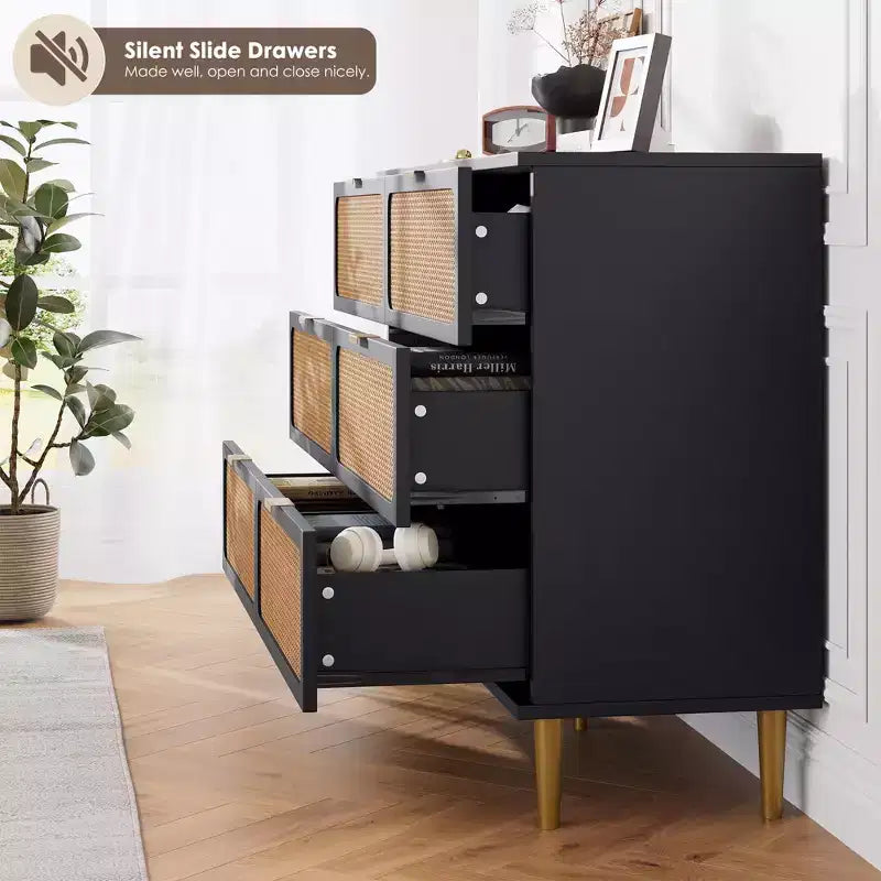 Rattan Dresser with 6 Drawers, Tall Wooden Chest with Wide Top for Bedroom, Living Room, Hallway, Black