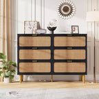Commode en rotin avec 6 tiroirs, commode haute en bois avec plateau large pour chambre, salon, couloir, noir