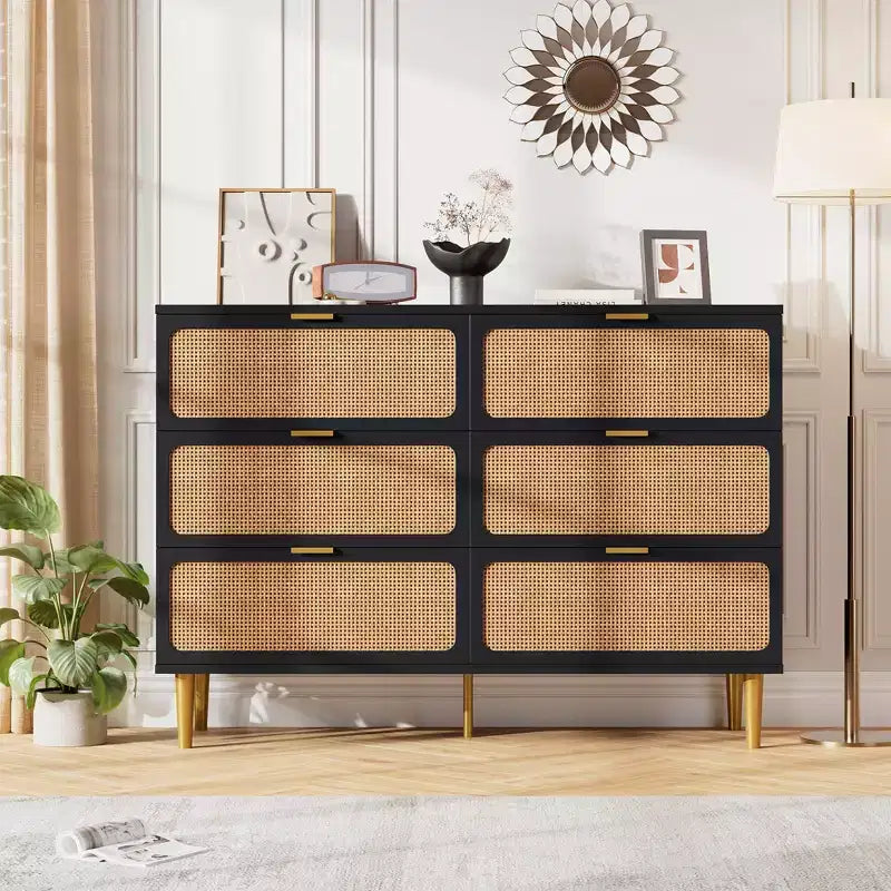 Rattan Dresser with 6 Drawers, Tall Wooden Chest with Wide Top for Bedroom, Living Room, Hallway, Black