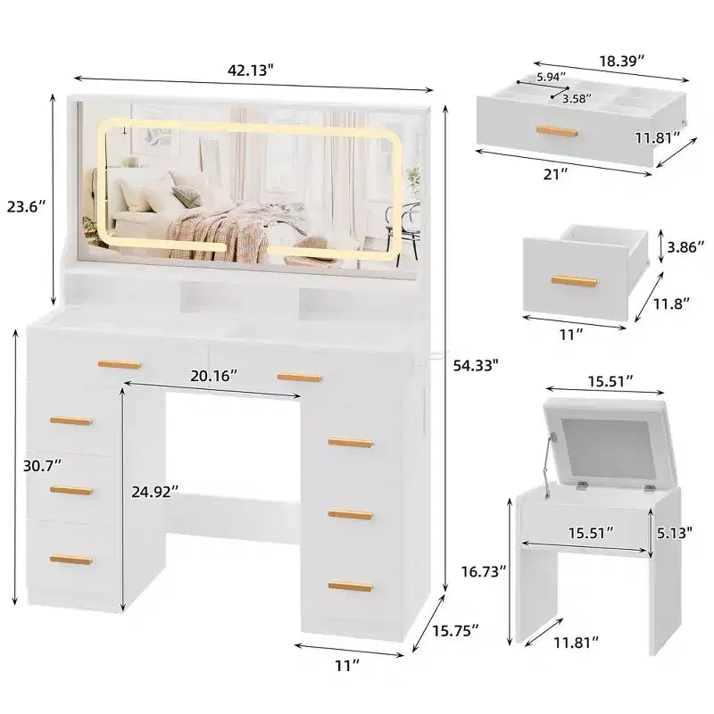 Vanity Desk with Mirror, Makeup Dresser for Bedroom, 8 Drawers, Modern Dressing Table Set for Bedroom