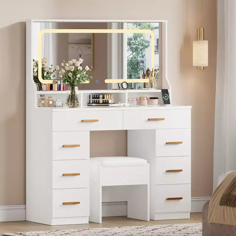 Vanity Desk with Mirror, Makeup Dresser for Bedroom, 8 Drawers, Modern Dressing Table Set for Bedroom