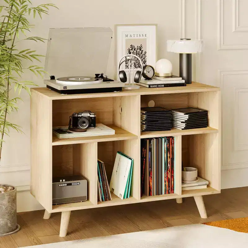 39.5 Record Player Stand with Charging Station, Holds 350+ Vinyls, Modern Wood Turntable Cabinet with Open Shelves, for Living Room/Office
