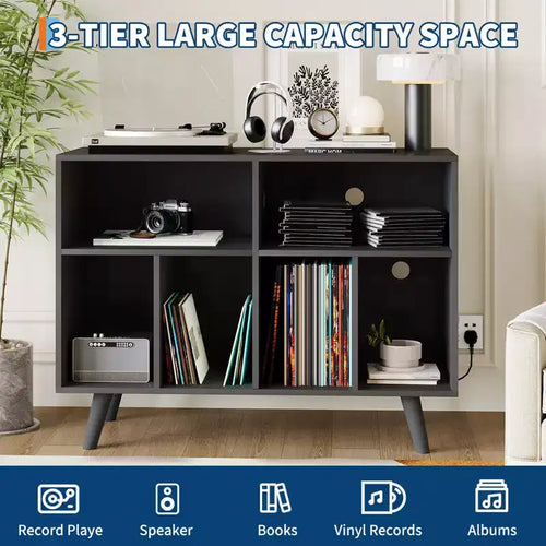 39.5 Record Player Stand with Charging Station, Holds 350+ Vinyls, Modern Wood Turntable Cabinet with Open Shelves, for Living Room/Office