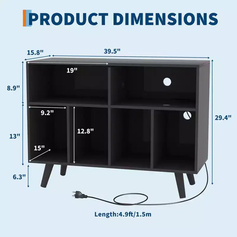 39.5 Record Player Stand with Charging Station, Holds 350+ Vinyls, Modern Wood Turntable Cabinet with Open Shelves, for Living Room/Office