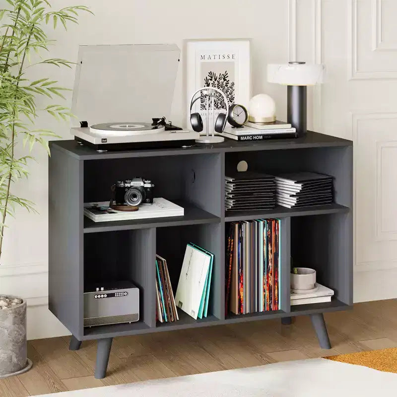 39.5 Record Player Stand with Charging Station, Holds 350+ Vinyls, Modern Wood Turntable Cabinet with Open Shelves, for Living Room/Office