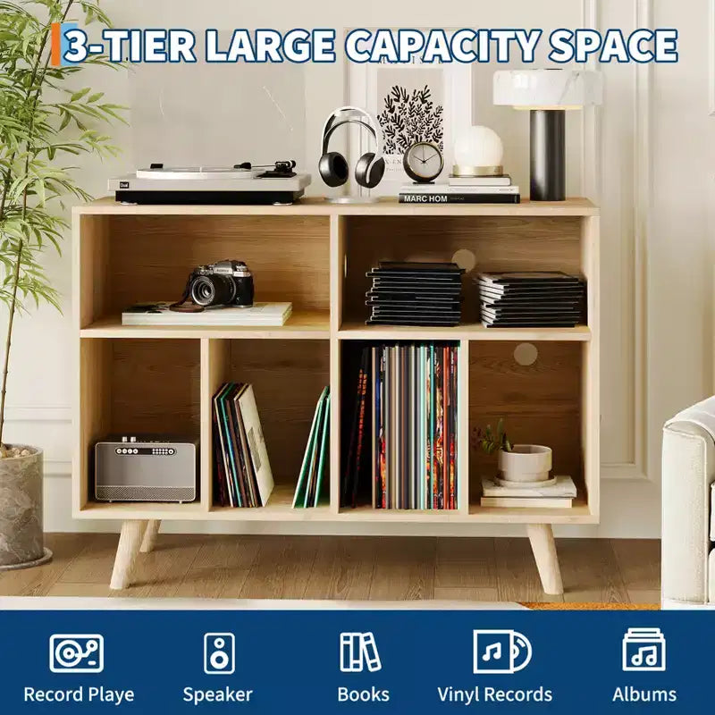 39.5 Record Player Stand with Charging Station, Holds 350+ Vinyls, Modern Wood Turntable Cabinet with Open Shelves, for Living Room/Office