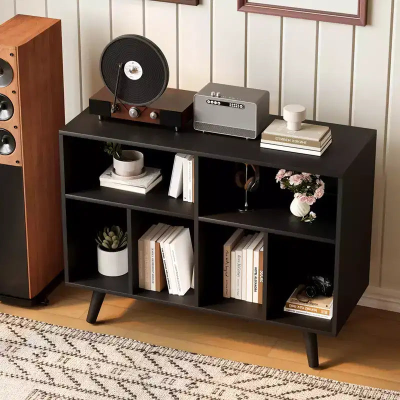 39.5 Record Player Stand with Charging Station, Holds 350+ Vinyls, Modern Wood Turntable Cabinet with Open Shelves, for Living Room/Office