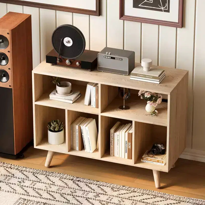 39.5 Record Player Stand with Charging Station, Holds 350+ Vinyls, Modern Wood Turntable Cabinet with Open Shelves, for Living Room/Office