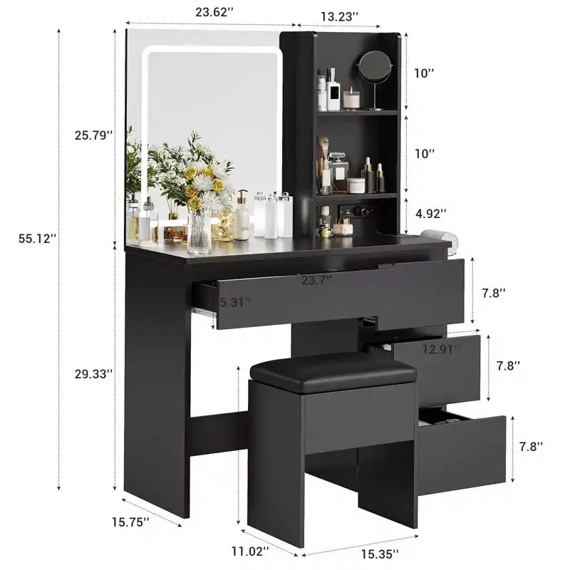 Makeup Vanity Desk, Dressing Table Set with 4 Drawers, Storage Stool, Storage Shelves, Vanity Mirror 3 Color Adjustable, Vanity Set for Bedroom