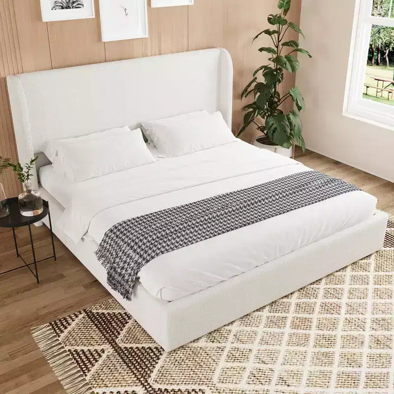 Tracy Boucle Upholstered Wingback Bed Frame with Headboard, Metal Legs and Slats