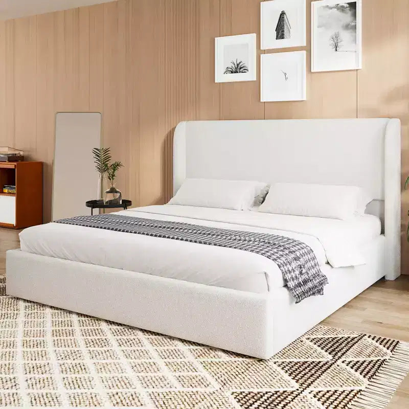 Tracy Boucle Upholstered Wingback Bed Frame with Headboard, Metal Legs and Slats