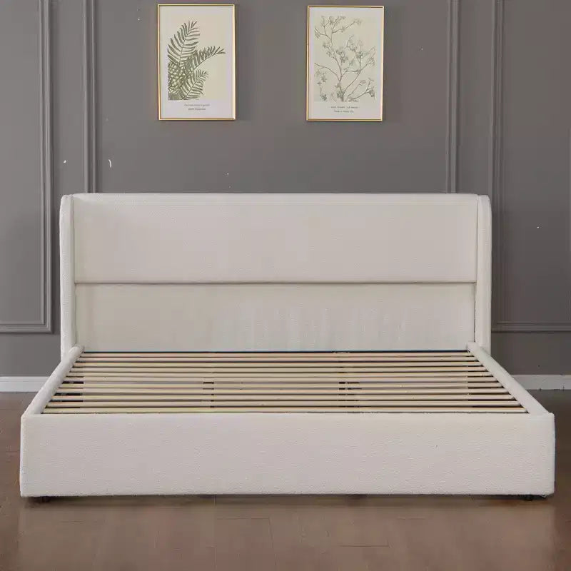 Tracy Boucle Upholstered Wingback Bed Frame with Headboard, Metal Legs and Slats