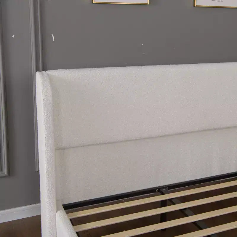 Tracy Boucle Upholstered Wingback Bed Frame with Headboard, Metal Legs and Slats