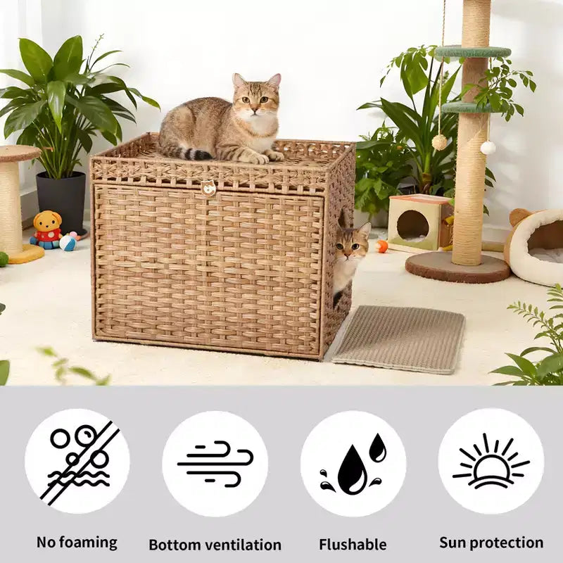 Large Rattan Hidden Cat Litter Box Enclosure Cabinet, Indoor Cat Washroom Furniture with Mat & Fence, Stylish Litter Solution for Living Room