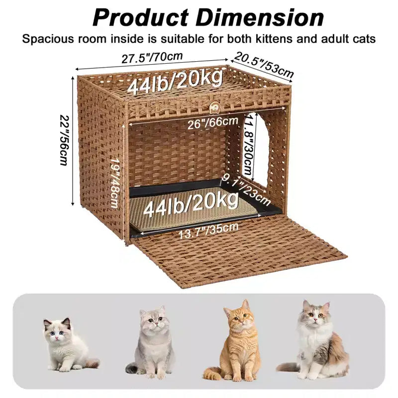 Large Rattan Hidden Cat Litter Box Enclosure Cabinet, Indoor Cat Washroom Furniture with Mat & Fence, Stylish Litter Solution for Living Room