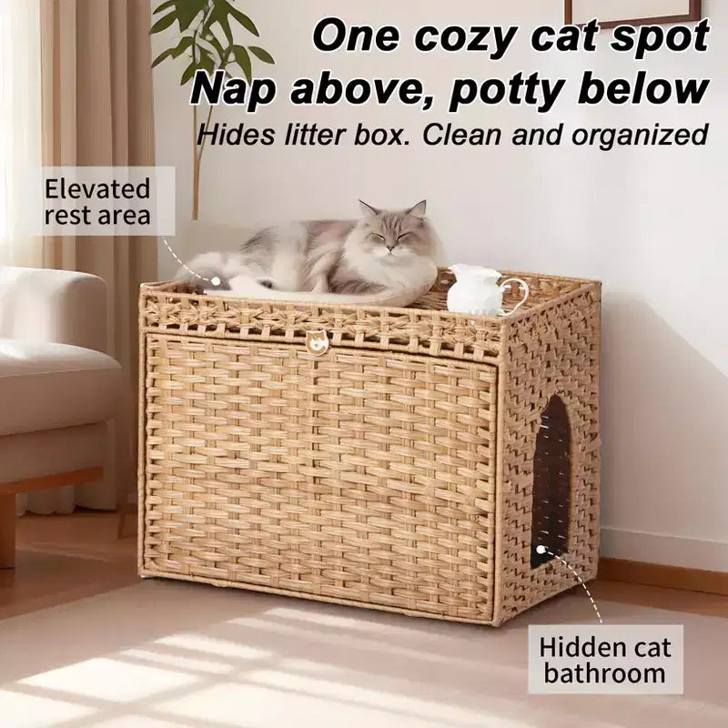 Large Rattan Hidden Cat Litter Box Enclosure Cabinet, Indoor Cat Washroom Furniture with Mat & Fence, Stylish Litter Solution for Living Room