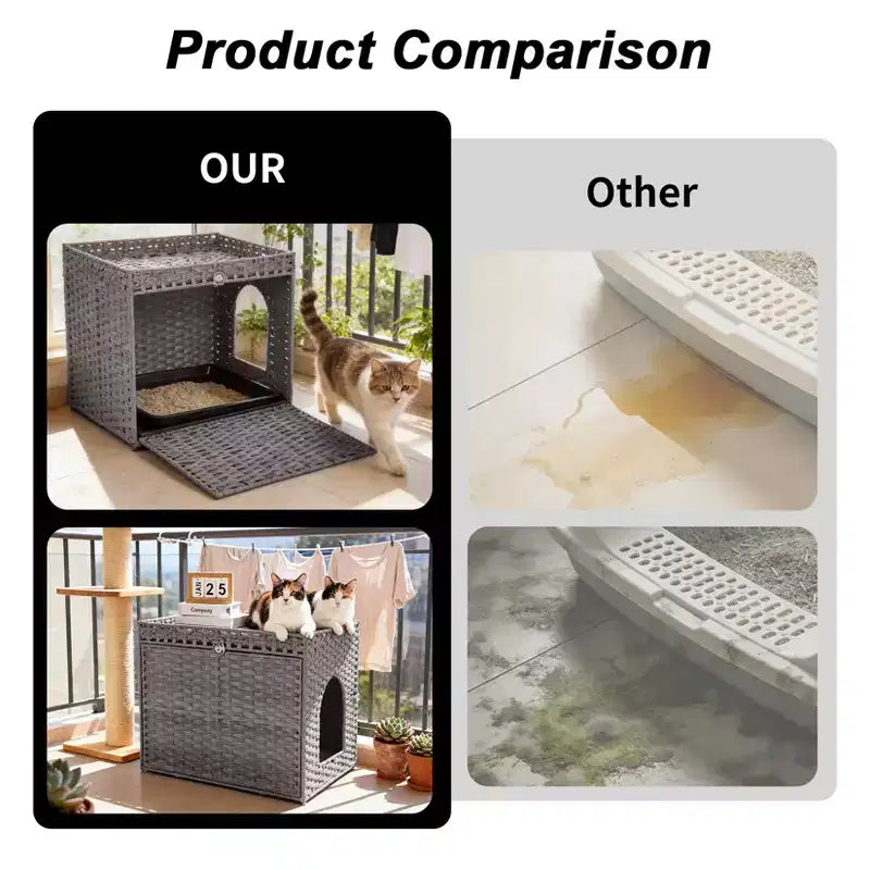 Large Rattan Hidden Cat Litter Box Enclosure Cabinet, Indoor Cat Washroom Furniture with Mat & Fence, Stylish Litter Solution for Living Room