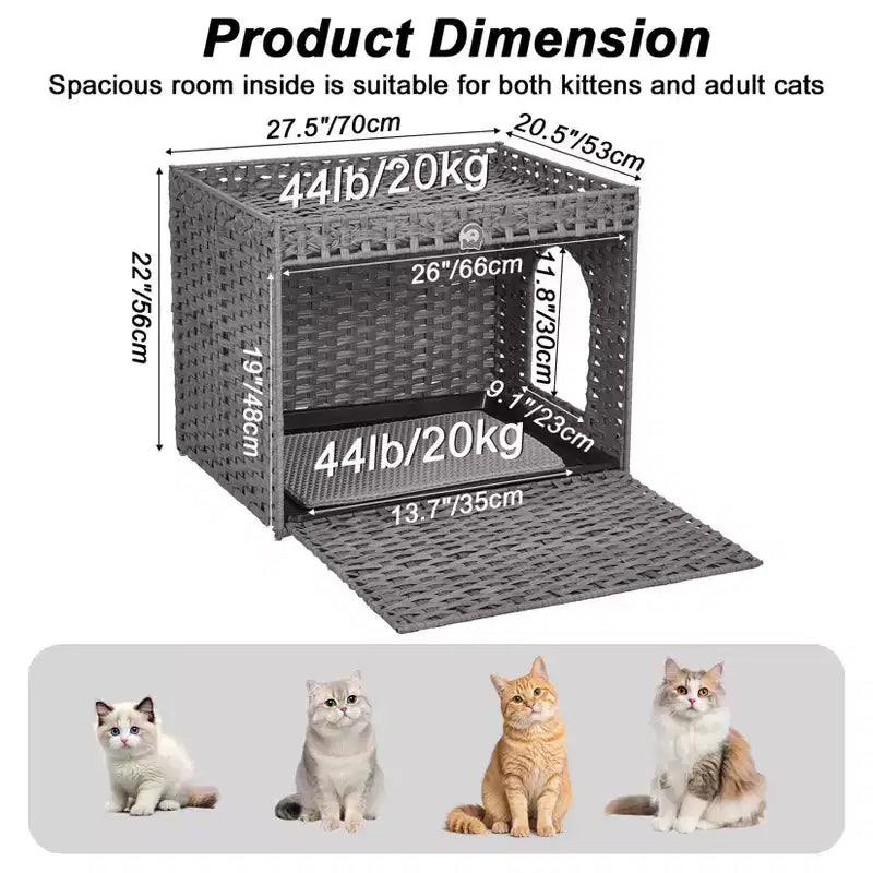 Large Rattan Hidden Cat Litter Box Enclosure Cabinet, Indoor Cat Washroom Furniture with Mat & Fence, Stylish Litter Solution for Living Room