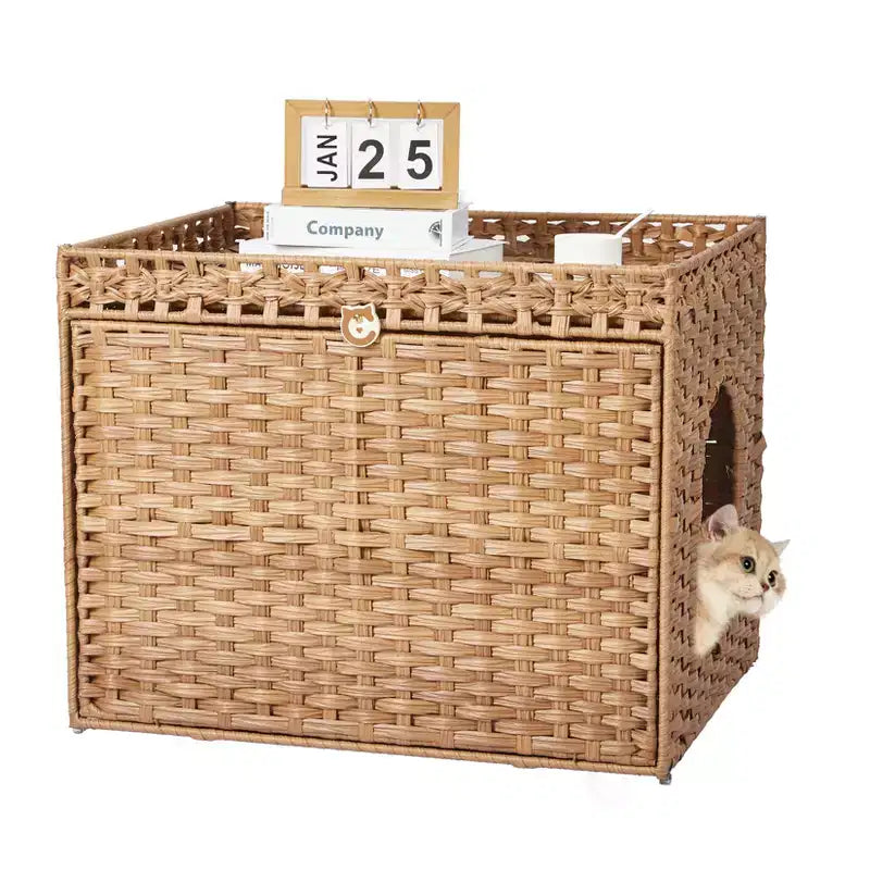 Large Rattan Hidden Cat Litter Box Enclosure Cabinet, Indoor Cat Washroom Furniture with Mat & Fence, Stylish Litter Solution for Living Room