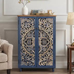 Grand buffet avec portes creuses en pin sculptées en 3D, finition or vieilli, étagères réglables, style bohème et ferme, bleu