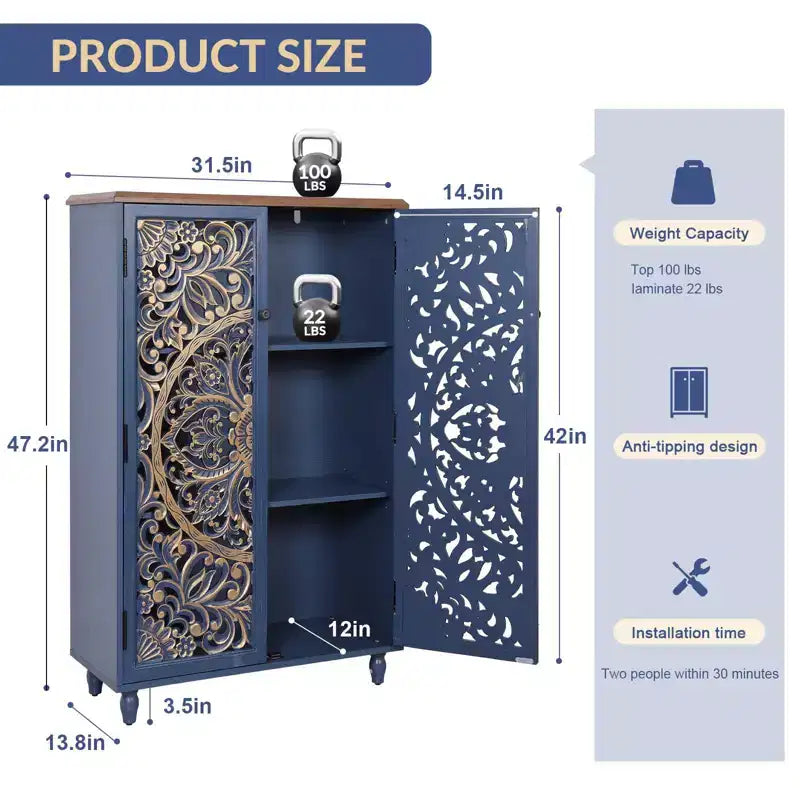 Bekrvio Tall Storage Cabinet with 3D Carved Hollow Pine Doors, Distressed Gold Finish, Adjustable Shelves, Boho Farmhouse Kitchen Buffet Cabinet, Blue